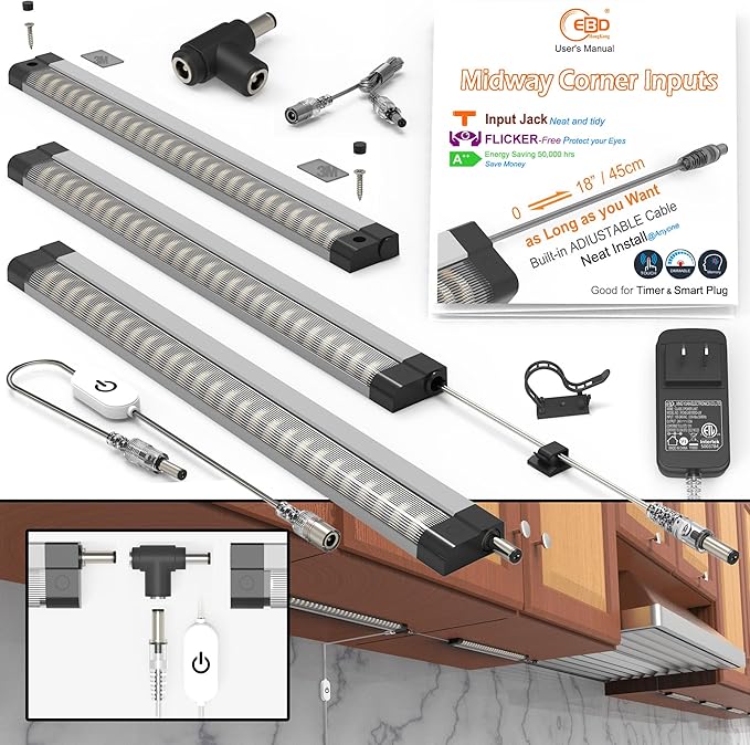 LED Under Counter Lights Hardwired for Kitchen Built-in 45cm/18 Adjustable Cable as Long as You Want The Midway Input Jack Easy Access to Power at The Location Closest to The Plug 3 Pcs 1350 Lm 6500K