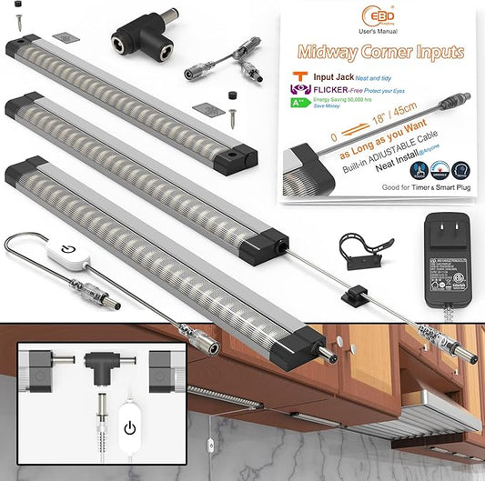 LED Under Counter Lights Hardwired for Kitchen Built-in 45cm/18 Adjustable Cable as Long as You Want The Midway Input Jack Easy Access to Power at The Location Closest to The Plug 3 Pcs 1350 Lm 6500K