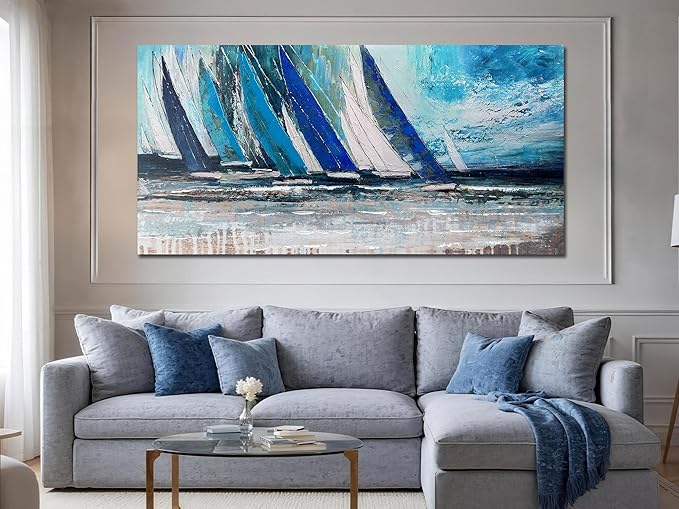Arjun Blue Abstract Wall Art Canvas for Living Room Teal Ocean Sailboat Textured Bedroom Picture Modern Turquoise Coastal Nautical Painting Framed Artwork Home Office Wall Decor, Extra Large 58"x29"