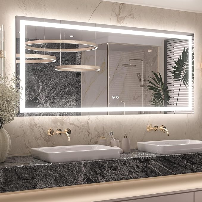 Keonjinn LED Bathroom Mirror 60" x 28" with Frontlit & Backlit, Lighted Mirror for Bathroom Wall with Stepless 3-Color Lights, Large Anti-Fog Mirror, HD Tempered Glass, UL-Listed LED Driver