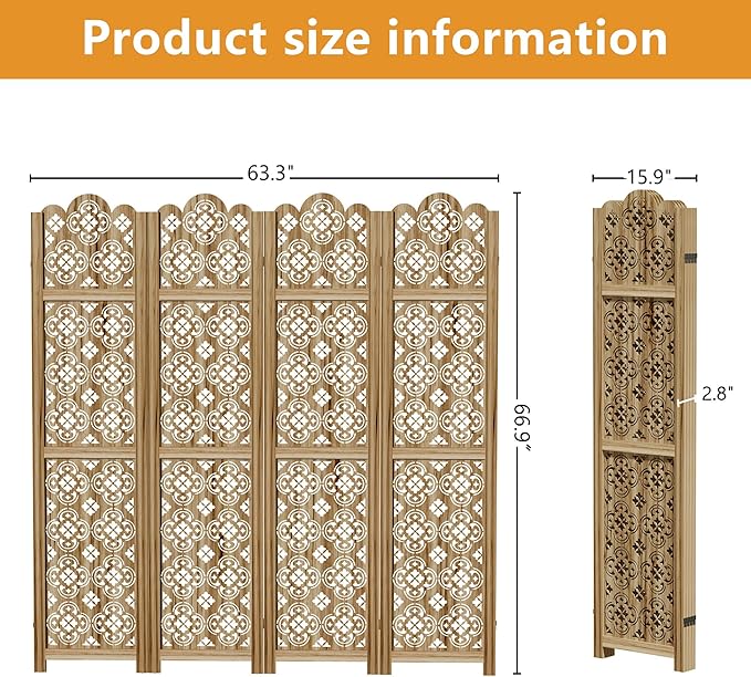 Casaphoria 4 Panels Room Divider, Folding Screen Room Divider with Copper Coin Pattern for Home Office, Restaurant and Bedroom, Paulownia Wood, 66" W x 67" H (Natural)