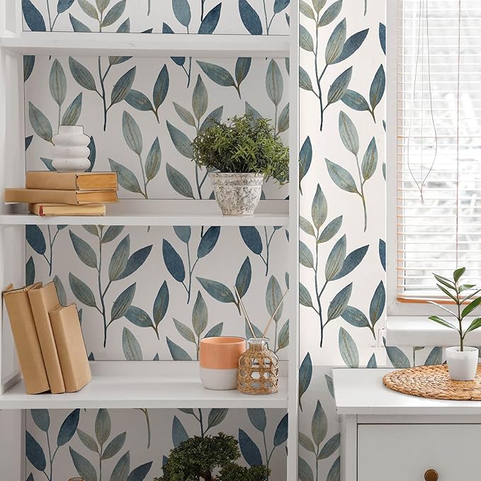 Blue and Gold Leaf Peel and Stick Wallpaper Waterproof Removable Self Adhesive Vinyl Contact Paper for Walls Boho Modern Decor for Bathroom Bedroom or Living Room 17.7" x 70.8"