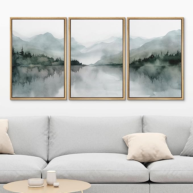 MUDECOR Framed Wall Art Print Set Misty Mountain Lake Watercolor Serene Illustrations Modern Art Boho Decorative Colorful Chic for Living Room, Bedroom, Office - 16"x24"x3 Natural