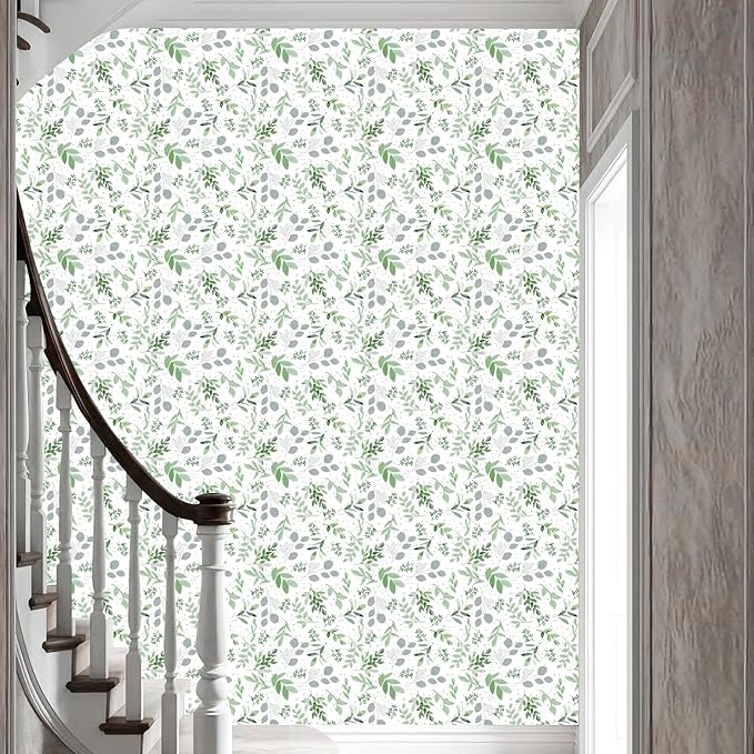 Modern Sage Green Leaf Peel and Stick Wallpaper Boho Botanical Eucalyptus Removable Leaf Floral Contact Paper Self Adhesive Vinyl Wallpaper for Cabinets Farmhouse Bedroom and Bathroom 17.5" x 118"