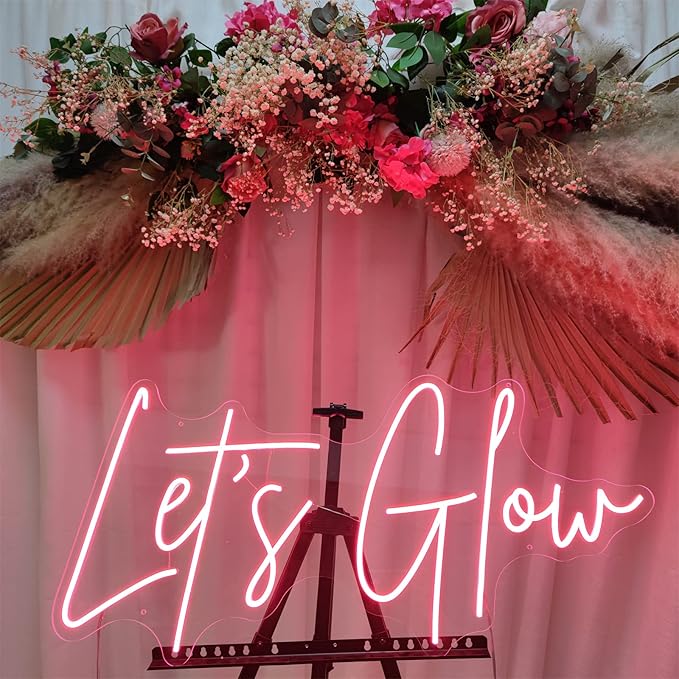 Let's Glow Neon Sign Pink Led Neon Light Glow Neon Word Sign USB Powered Acrylic Letters Led Wall Decorative Lights for Bedroom Party Wedding Birthday Bar Hotel Anniversary Dorm, 24*11.7 inches