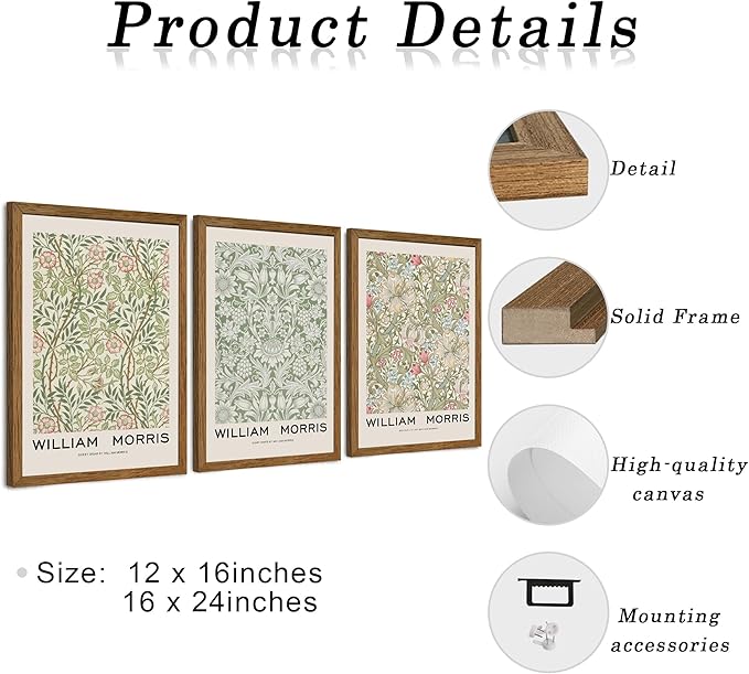JLTULT 3 Piece Wood Frames Vintage Floral Canvas Wall Art, William Morris Flower Pattern Wall Decor, Nature Botanical Picture Artwork Prints for Living Room Bedroom Office 16x24 inch Easy to hang