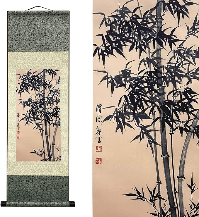 AtfArt Asian Wall Decor Beautiful Silk Scroll Painting Bamboo Leaf Plant - Ancient Bamboo Oriental Decor Chinese Art Wall Scroll Wall Hanging Painting Scroll (36.2 x 12 in)