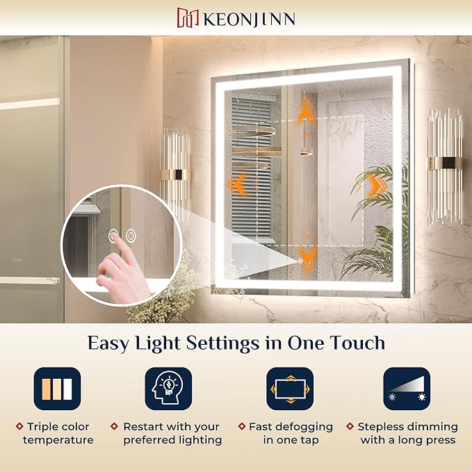 Keonjinn 24 x 30 Inch Bathroom Mirror with Lights, LED Vanity Mirror with Frontlit & Backlit, Stepless Dimmable 3-Color Temperature, Lighted Mirror with Anti-Fog, Tempered Glass(Horizontal/Vertical)