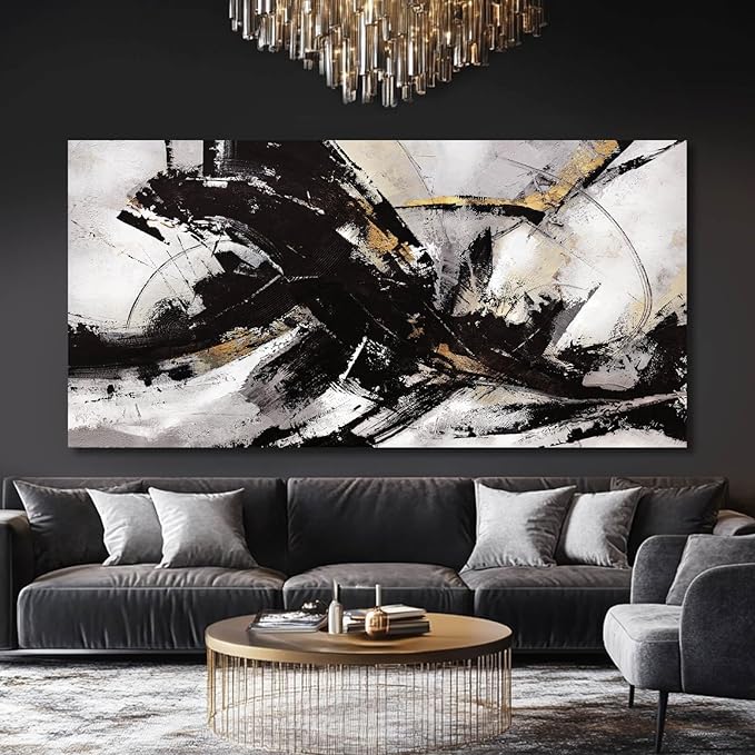 Abstract Wall Art for Living Room Canvas Wall Decor Large Artwork Black And Gold Wall Decorations Black Pictures for Wall 29"x58"
