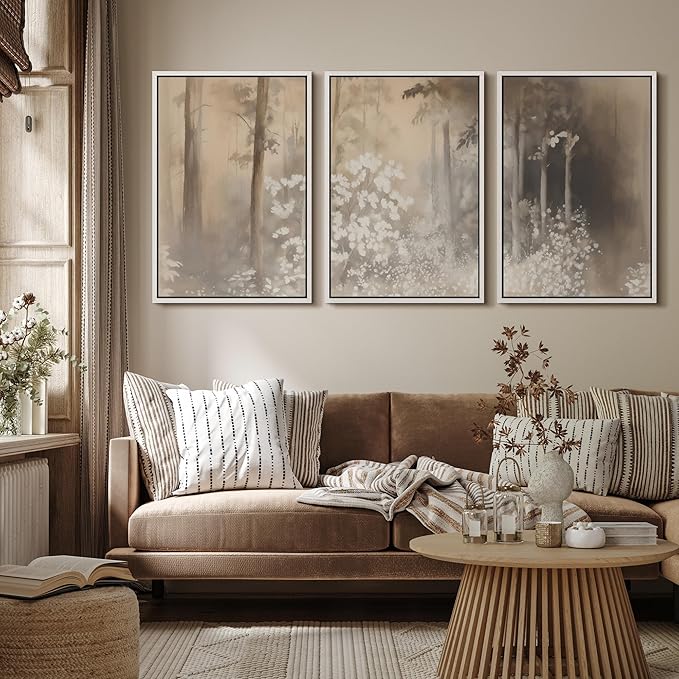 MUDECOR Framed Wall Art Print Set Neutral Forest Landscape Beige and Gray Watercolor Illustrations Realism Decorative for Living Room, Bedroom, Office - 16"x24"x3 White