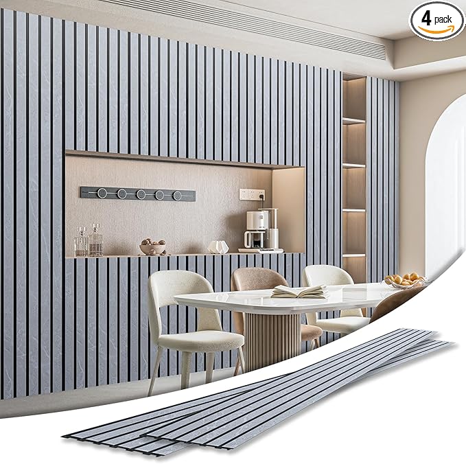 Art3d 4-Pack Glue-On Six-Grid Wainscoting Panel for Interior Wall Decor - 104 x 12 Inch Polystyrene Ultralight Slim Slat Wall Panels for Living Room Bedroom, Slate