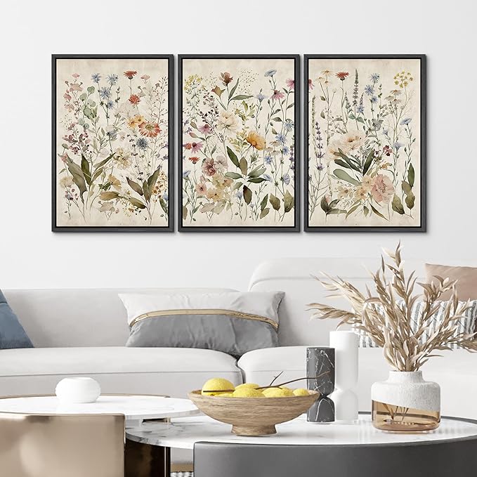 MUDECOR Framed Wall Art Print Set Blooming Wildflowers Illustrations Modern Art Decorative Colorful Chic for Living Room, Bedroom, Office - 16"x24"x3 Black