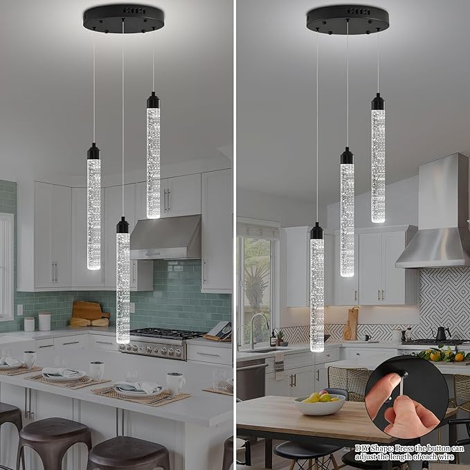 3-Light Modern Dimmable LED Crystal Chandelier - Black Mini Pendant Lighting with Spiral Raindrop/Bubble Cluster Pendant for Kitchen Island, Dining Room, Living Room, Foyer