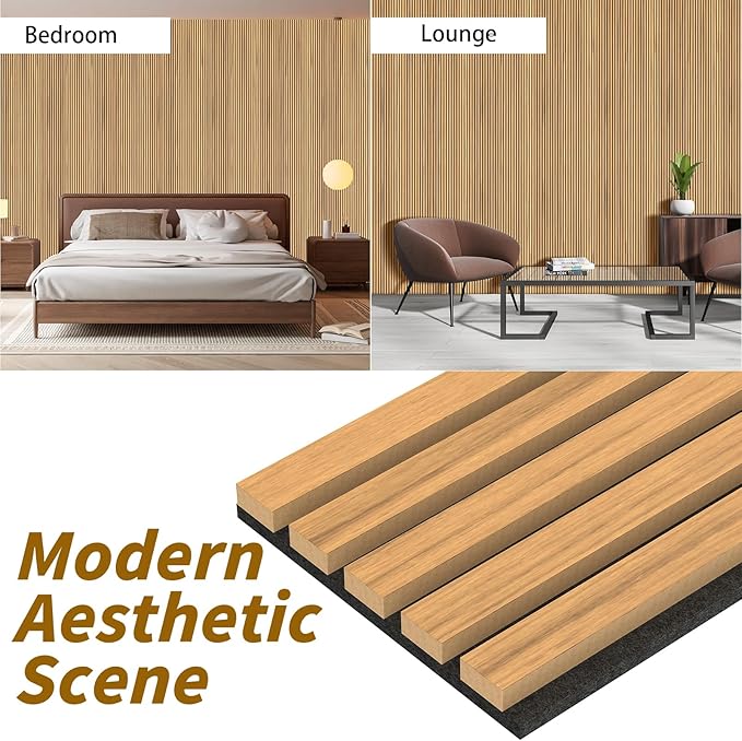4-Piece Acoustic Wood Wall Panels for Wall and Ceiling, 3D Fluted Soundproof Wood Slat Wall Panels for Interior Wall Decor, 94.5" x 7.9"-Warm Teak