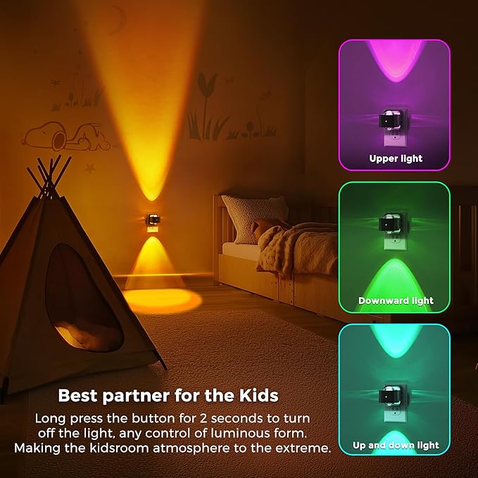 L LOHAS LED Night Light Projector, 2 Pack Color Changing Night Light Plug into Wall, Dusk to Dawn Sensor, Rotating Nightlight, RGB Ambient Lighting for Bathroom, Gaming Room, Decor, Gifts