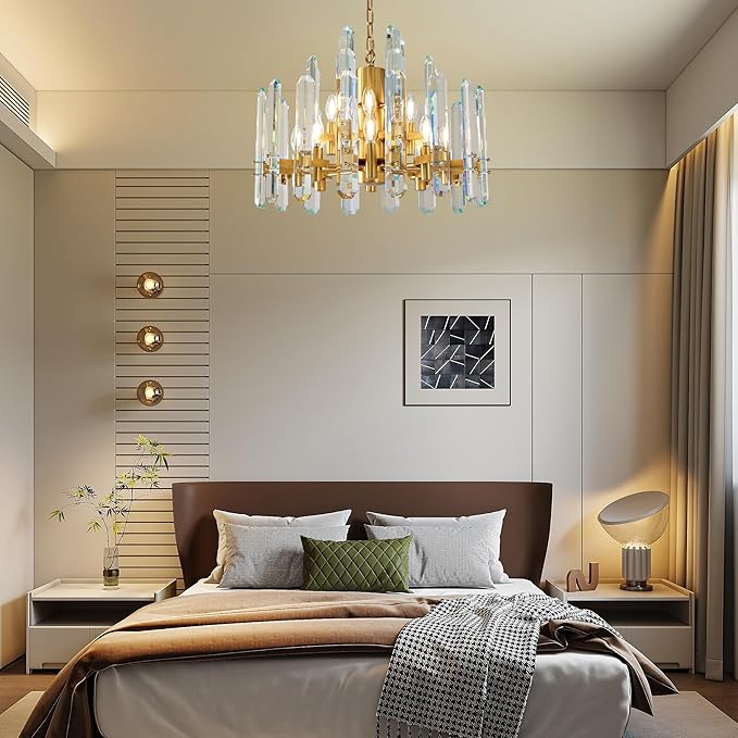 24" Modern Crystal Chandelier, 12-Light Luxury Gold Chandelier for Dining Room, Living Room, Bedroom, Foyer, Kitchen, Restaurant, Contemporary Round Adjustable Chain Chandeliers K9 Light Fixture