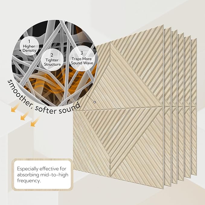 Olanglab Peel and Stick Wall Panels 6 Pack, 23.6 x 23.6 per Wall Panels, Acoustic Wall Panels, Sound Absorbing Wall Art for Home Studio and Office, Light Natural Oak Pattern, Diamond Design