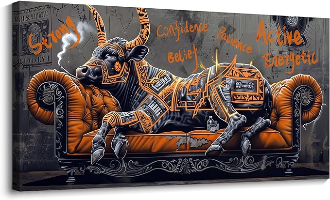 JEAWA Canvas Wall Art Decor - Large Creative Wall Art for Bedroom Living Room Bathroom, Modern Artwork Decor for Home Decoration, Strong Bull Color Graffiti, 29x58 IN