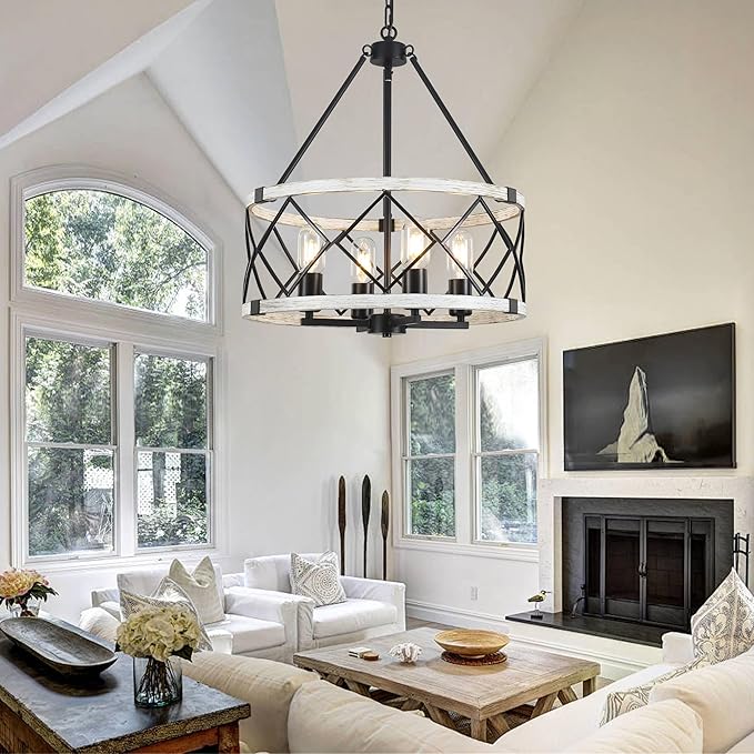 4-light Farmhouse Chandelier for Dining Room 17.7 inch Rustic Drum Chandeliers Adjustable Hanging Pendant Light Fixture for Kitchen Island Entryway Foyer Bedroom Living Room Hallway,Gray & Black,E26