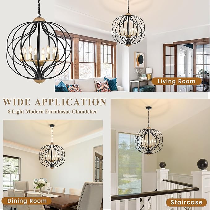 Black and Gold Chandeliers for Dining Room,25.6" Large Sphere Chandelier,8-Light Geometric Modern Farmhouse Pendant Light Orb Metal Industrial Chandelier for Foyer Entryway Stairway Living Room