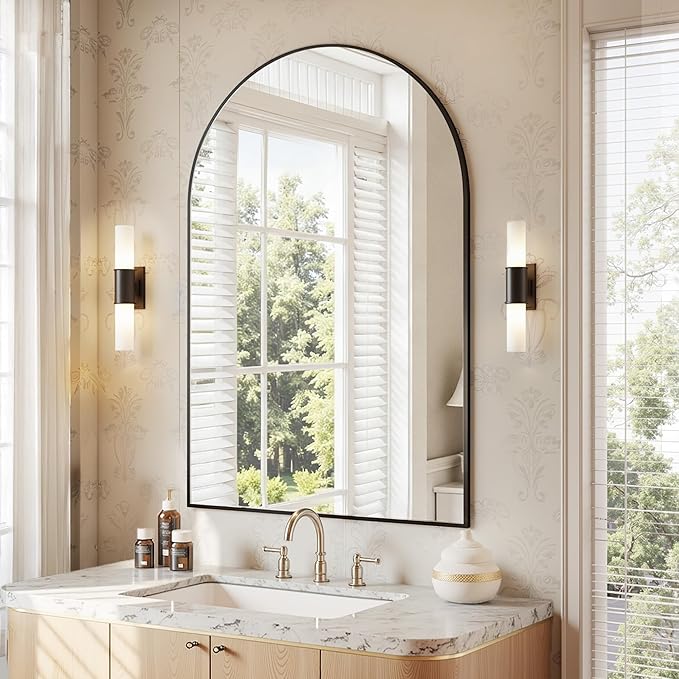 Antok Wall Mirror, 24"x36" Bathroom Vanity Mirror, Anti-Rust HD Tempered Glass, Wall Mounted Mirrors for Living Room, Entryway, Black Frame, Arched