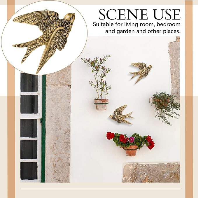 2 Pcs Vintage Bird Wall Sculpture Decor Art 4.7 Inch Antique 3D Sculpted Hanging Bird Resin Wall Art Golden Brass Rustic Floating Ornament for Living Room Garden Indoor Outdoor, Gift for Christmas