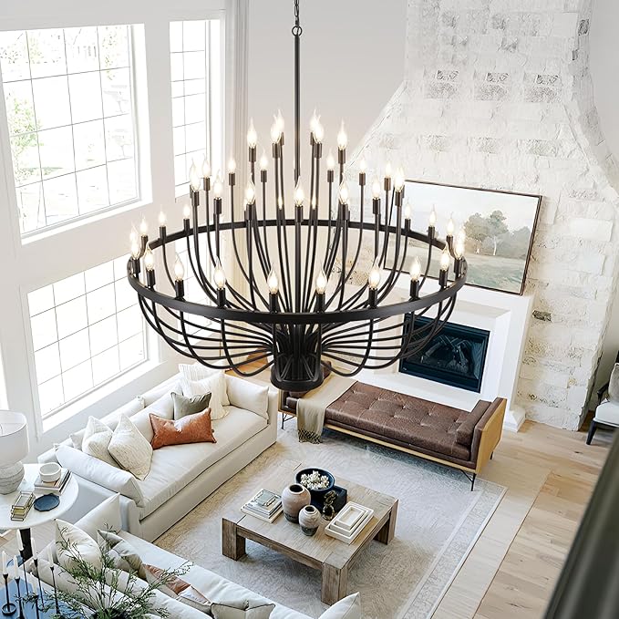 Large Black Chandelier 48 Light for High Ceilings, Big Farmhouse Wagon Wheel Chandelier for Dining Room 3-Tier 47.2 in for Hallway, Living Room, Foyer