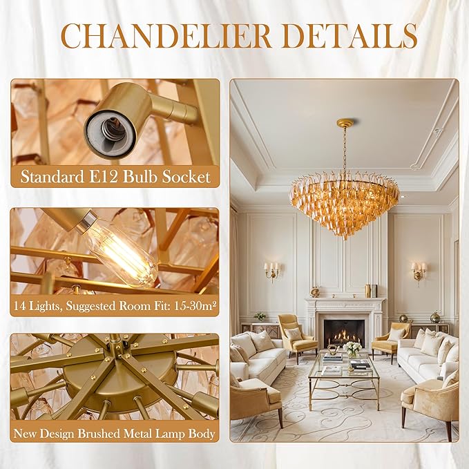 Large Chandelier, 37" Gold Smoke Glass Chandelier for Living Room, 14-Light Round Drum Kitchen Island Hanging Light Fixture Perfect for Dining Room, Bedroom,Kitchen, Foyer