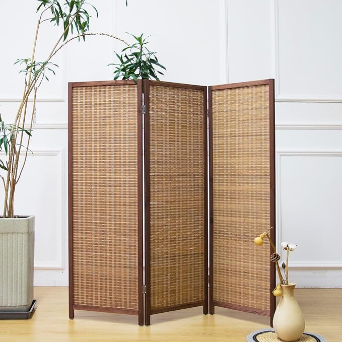 3 Panel Room Divider Short Folding Screen Divider,Double Sided Bamboo Divider Screen for Room Separation,Brown,47.2" H x 46.1" W