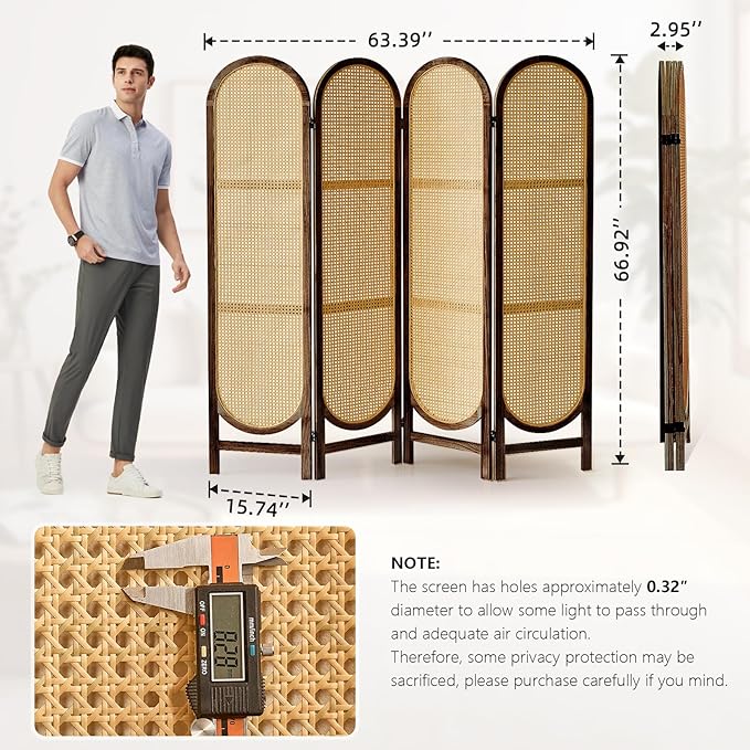 5.6 Ft Room Divider 4 Panel, Folding Privacy Screen, Rattan Room Divider, Foldable Wood Divider Panel, Portable Partition Screen, Wall Divider for Room Separation Home Office Garden-Brown
