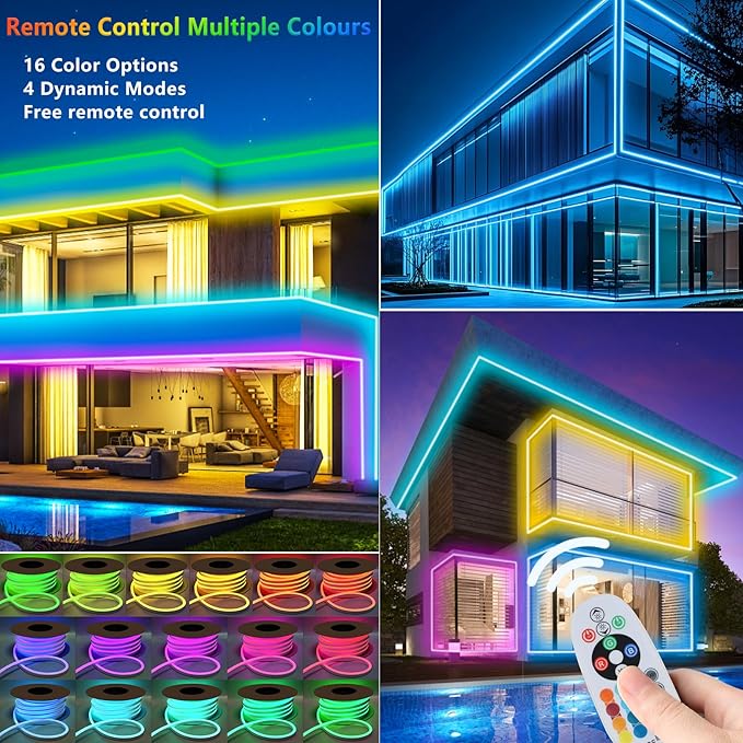 32.8ft RGB Neon Rope Light with Remote - Dimmable Waterproof LED Strip Lights for Indoor & Outdoor, Premium Expandable Lighting to Create Vibrant Atmosphere in Bedroom, KTV, Bar Decor - ETL Certified