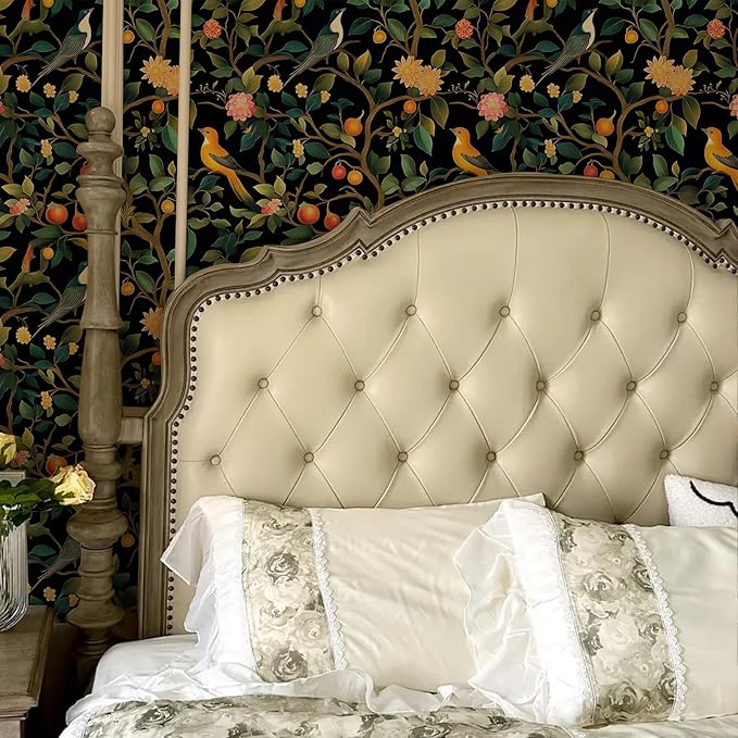 Colorful Floral Animal Wallpaper Self Adhesive Peel and Stick Black Watercolor Vivid Botanical Bird Fruit Leaf Contact Paper Removable Waterproof for Bedroom Renter Friendly 17.71"x236.2"