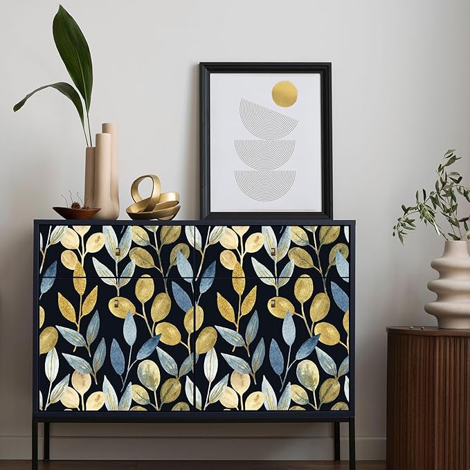 Blue Gold Leaf Peel and Stick Wallpaper Self Adhesive Dark Floral Waterproof Removable Contact Paper Wall Paper for Bedroom Bathroom Cabinets Drawers Wallpaper 17.7" x 70.8"