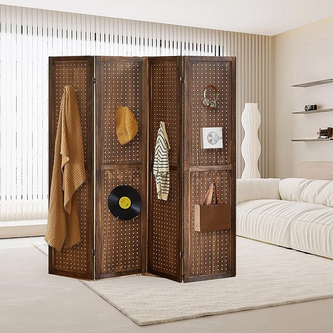 4 Panel Pegboard Display with 16 Hooks, Wooden Room Divider Wall and Folding Privacy Screens, Partition Room dividers, Pegboard Room Divider, Jewelry Store, Bedroom, Balcony, Dark Brown
