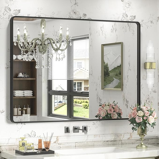 44x32 Inch Black Metal Framed Bathrrom Mirror for Wall, Black Rounded Rectangle Mirror, Matte Black Bathroom Vanity Mirror, Anti-Rust, Tempered Glass, Hangs Horizontally or Vertically