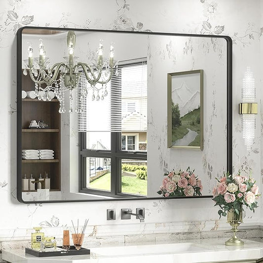 44x32 Inch Black Metal Framed Bathrrom Mirror for Wall, Black Rounded Rectangle Mirror, Matte Black Bathroom Vanity Mirror, Anti-Rust, Tempered Glass, Hangs Horizontally or Vertically