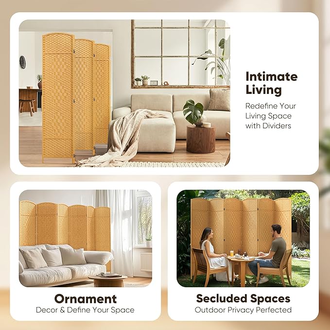 JOSTYLE Room Divider 6ft. Tall Extra Wide Extra Wide Privacy Screen, Folding Privacy Screens with Diamond Double-Weave Room dividers and Freestanding Room Dividers Privacy Screens(Yellow, 6-Panel)