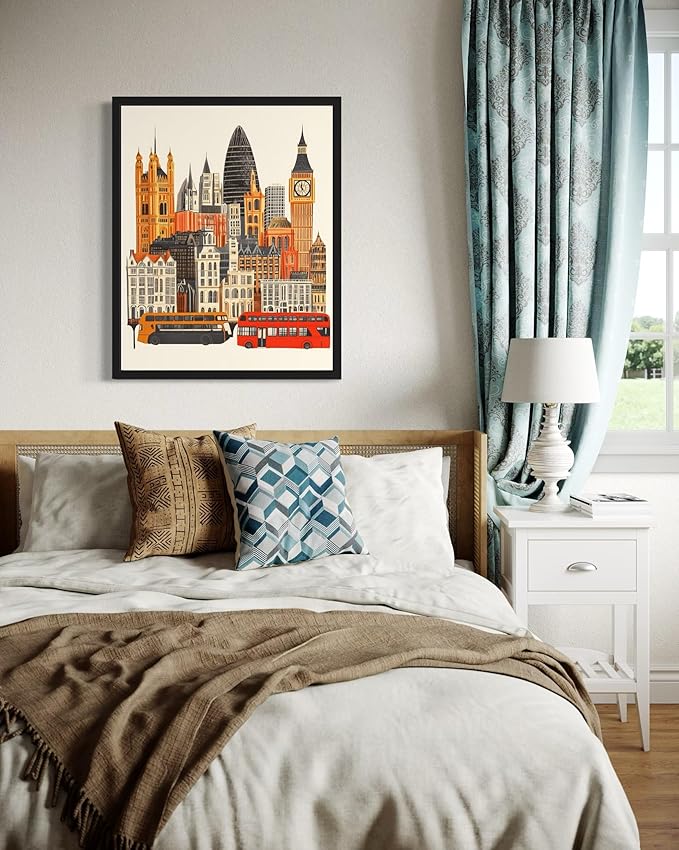 London United Kingdom Wall Art Poster Print, Vintage Retro Landscape Scenery Painting Artwork Travel Prints Decor Cityscape Landmarks Gallery 27 (London United Kingdom, 16 x 20 inches, Black Frame)