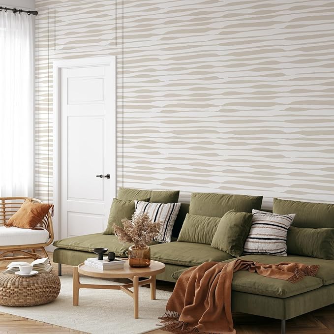 Beige Stripes Shibori Wallpaper | Removable Self Adhesive Hand Drawn Wallpaper | Customizable Geometrical Lines Peel and Stick Wall Decor (1 roll 24" W x 120" H)