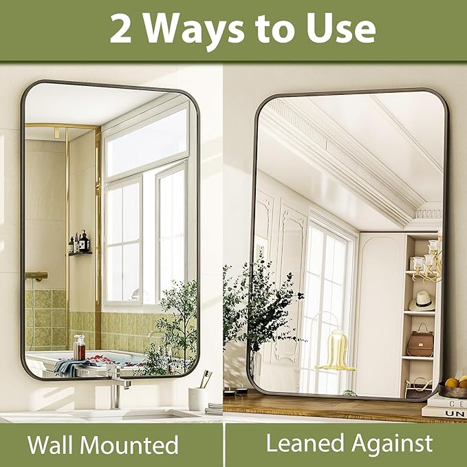 20 x 28 Inch Bathroom Mirror, Rounded Rectangular Vanity Mirror for Wall, Modern Mirror for Room Decor, Black Framed Wall-Mounted Mirrors for Home Decor, Hangs Horizontally or Vertically