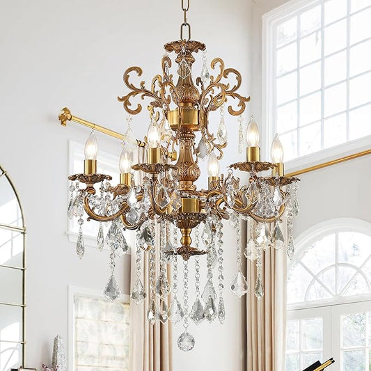 Luxury Antique Bronze Crystal Chandeliers with Candle Pendant Ceiling Light Fixture - 6 Lights Gold Crystal Chandelier for Dining Room, Living Room, Kitchen, Bedroom - D23 inch