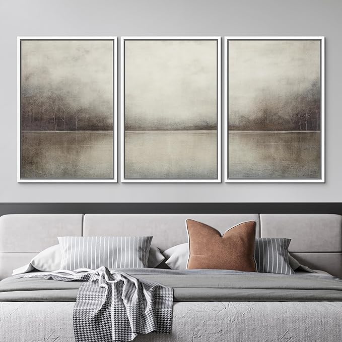 MUDECOR Framed Canvas Print Wall Art Set Abstract Landscape Nature Wilderness Illustration Modern Art Decorative Realism Rustic Vintage for Bedroom - 16"x24"x3 White