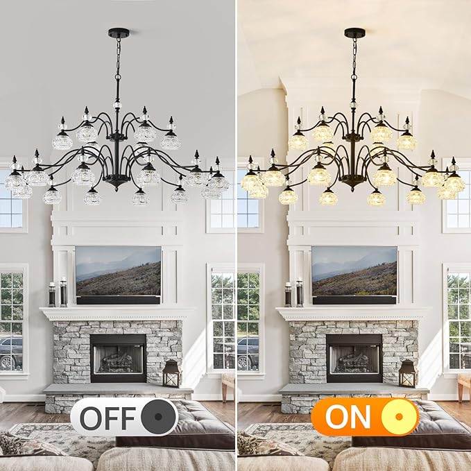 49 Inch 2 Tier Vintage Black Chandelier for Dining Room, 18-Light Antique Pendant Light Crystal Glass Shade, Modern Farmhouse Chandeliers for Foyer, High Ceiling, Hallway