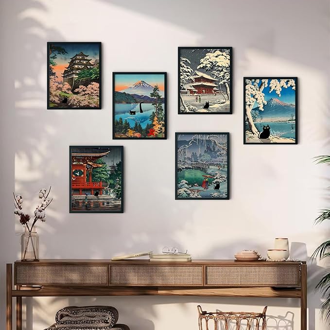 6 pcs Japanese Black Cat Wall Art Cute Japan Traditional Tsuchiya Koitsu Posters Prints Ukiyoe Japan Landscape Canvas Painting Vintage Colorful Japanese Pictures Wall Decor 8x10in Unframed