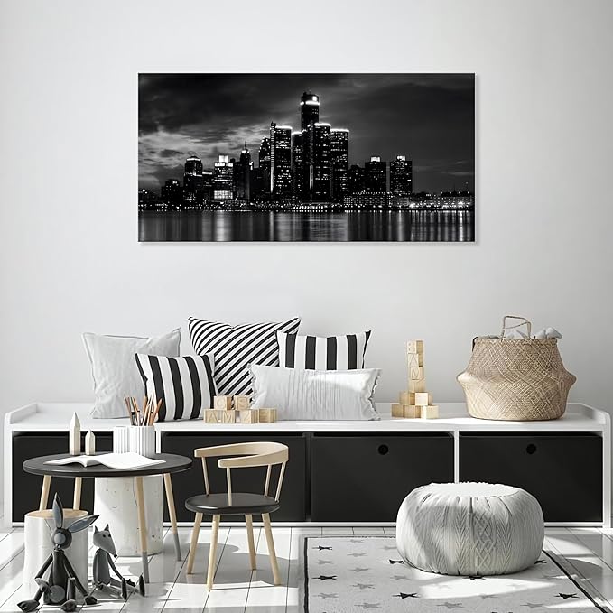 NAN Wind Detroit Skyline Canvas Wall Art Cityscape Night Scene Black & White City Art Print on Canvas Modern Giclee Framed Painting for Room Decor Home Decor Detroit Skyline Picture Prints