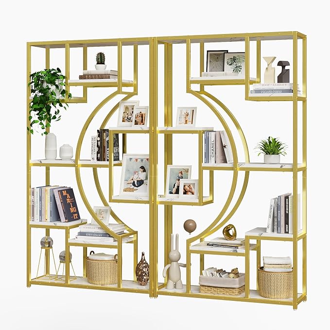 Modern Book Shelf, White and Gold Bookshelf, 70.8 Inch Tall Etagere Bookcase, Set of 2 Geometric Display Shelves for Living Room, Bookcases/Bookshelf with Metal Frame for Home Office