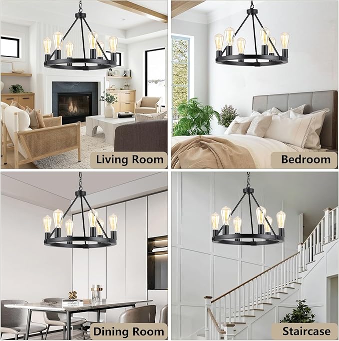 9MMML Black Wagon Wheel Chandelier, 6-Light Industrial Pendant Light, 20'' Farmhouse Ceiling Hanging Chandelier Light Fixture for Living Room, Bedroom, Entryway, Foyer