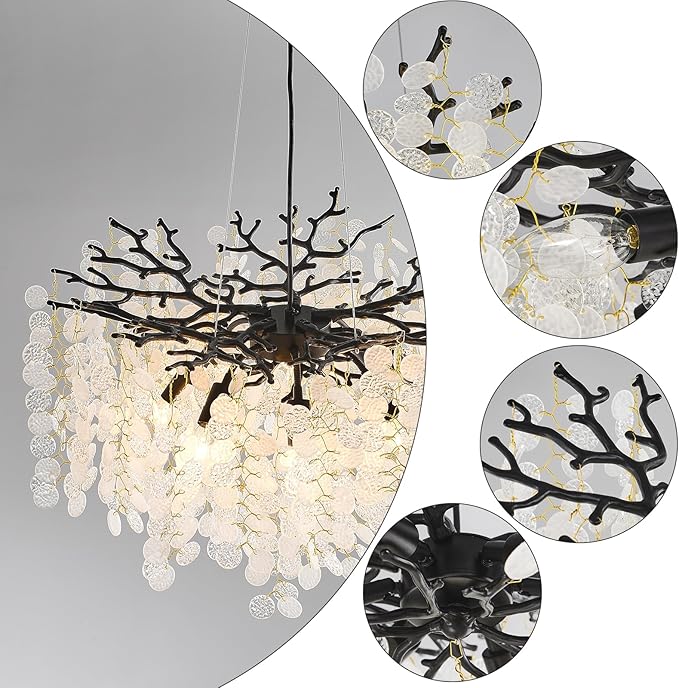 24-Inch Black Tree Branch Chandelier, 8-Light Modern Coastal Chandelier, Round Crystal Dining Room Light Fixtures for Foyer Entryway Stairwell, Bathroom Chandeliers Over Tub, E12