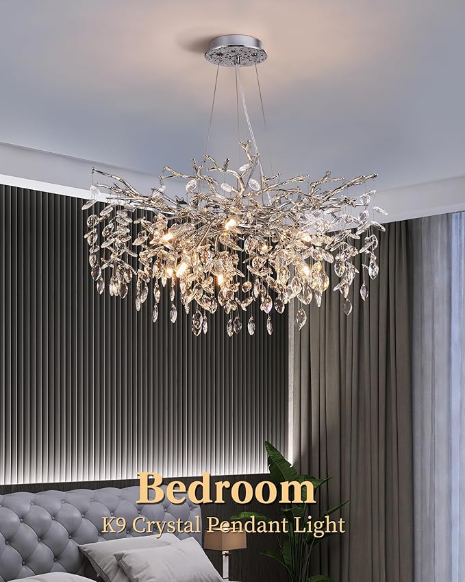 Modern Tree Branch Crystal Chandelier Luxury Silver Crystal Pendant Lighting 30" Contemporary 10-Light Chandeliers for Dining Room Kitchen Bedroom Living Room