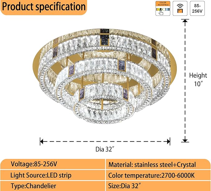 32in Flush Mount Crystal Chandelier Modern LED Gold Ceiling Light 3 Tier Crystal Chandelier for Living Room Dining Room Dimmable 3000k-6000k